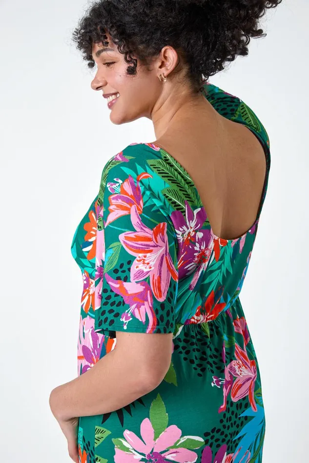 Women Purple Curve Ruched Front Tropical Leaf Dress STOCK FAULT Roman Dresses