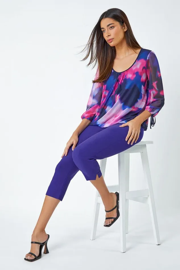 Women Purple Elastic Waist Stretch Cropped Trousers Roman Trousers
