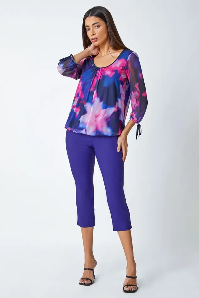 Women Purple Elastic Waist Stretch Cropped Trousers Roman Trousers