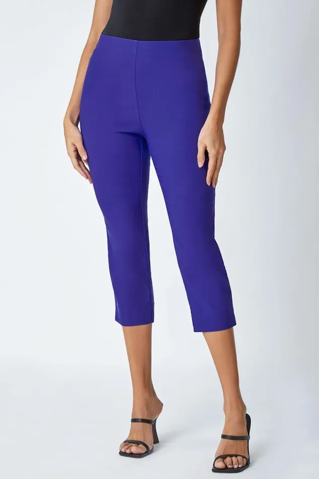 Women Purple Elastic Waist Stretch Cropped Trousers Roman Trousers