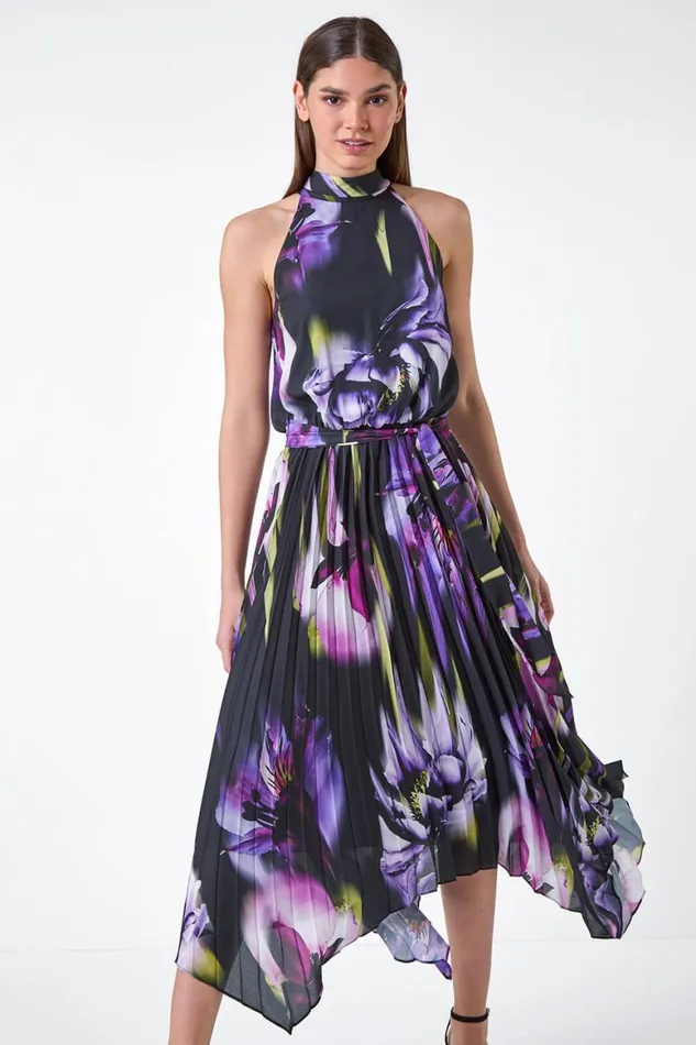 Women Purple Floral Halter Neck Hanky Hem Midi Dress Roman Dresses