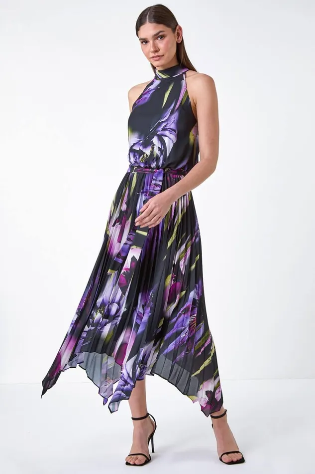 Women Purple Floral Halter Neck Hanky Hem Midi Dress Roman Dresses