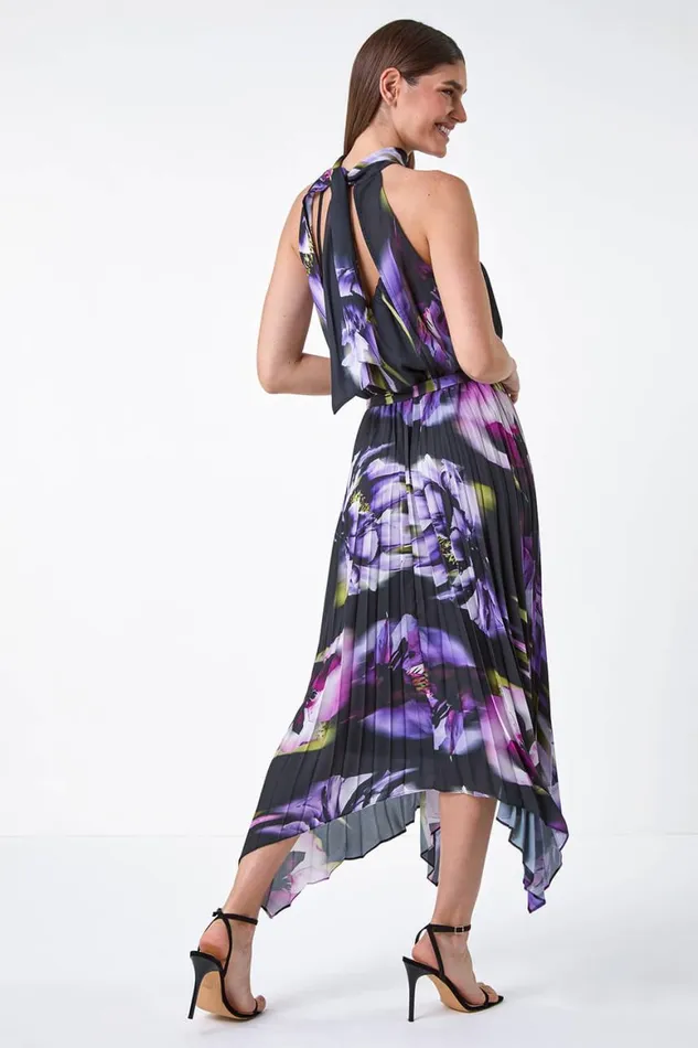 Women Purple Floral Halter Neck Hanky Hem Midi Dress Roman Dresses