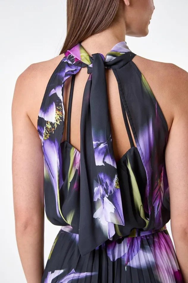 Women Purple Floral Halter Neck Hanky Hem Midi Dress Roman Dresses