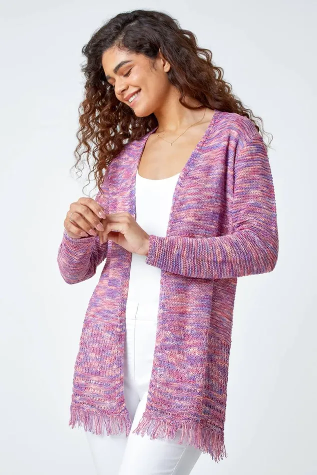 Women Purple Fringed Edge Longline Stripe Cardigan Roman Knitwear