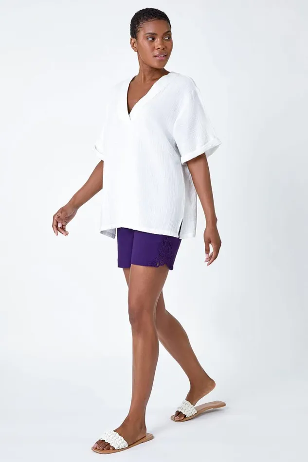 Women Purple Lace Trim Stretch Elastic Waist Shorts Roman Coords