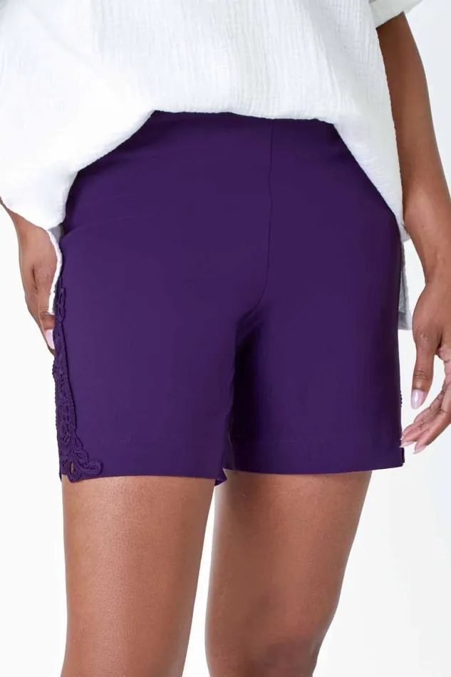 Women Purple Lace Trim Stretch Elastic Waist Shorts Roman Coords