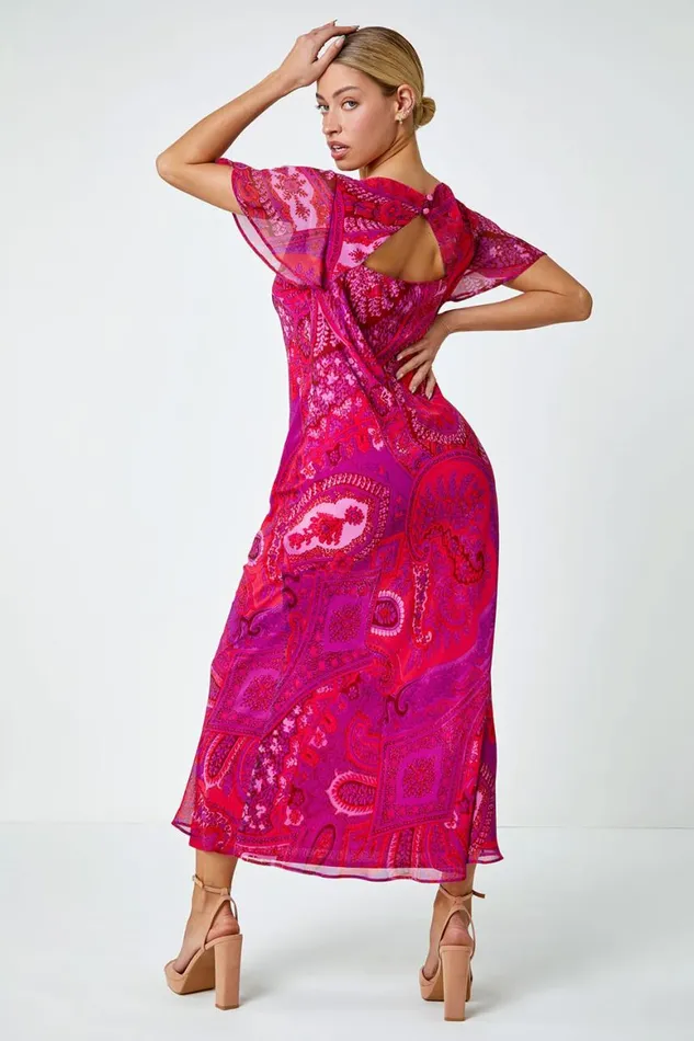 Women Purple Paisley Print Cowl Neck Dress Roman Dresses