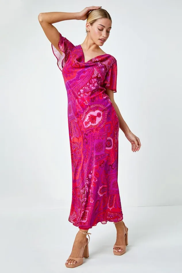Women Purple Paisley Print Cowl Neck Dress Roman Dresses