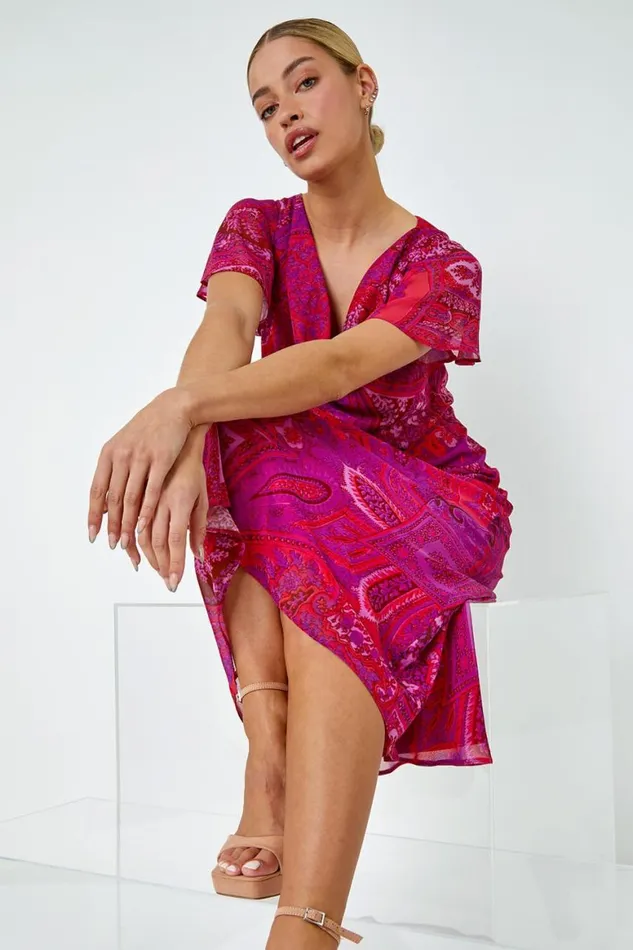 Women Purple Paisley Print Cowl Neck Dress Roman Dresses