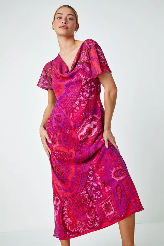 Women Purple Paisley Print Cowl Neck Dress Roman Dresses
