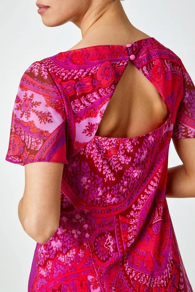 Women Purple Paisley Print Cowl Neck Dress Roman Dresses