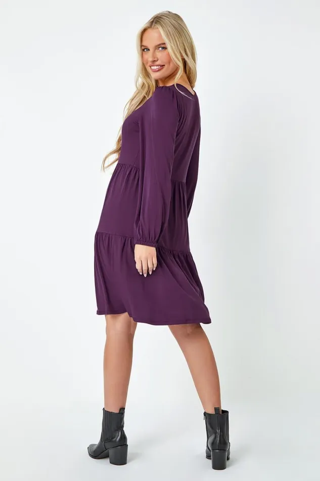 Women Purple Petite Plain Tiered Stretch Dress Roman Dresses