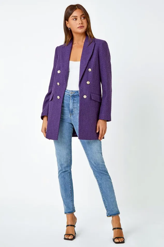 Women Purple Tailored Longline Boucle Jacket Roman Jackets