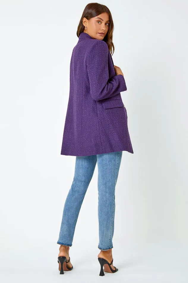 Women Purple Tailored Longline Boucle Jacket Roman Jackets
