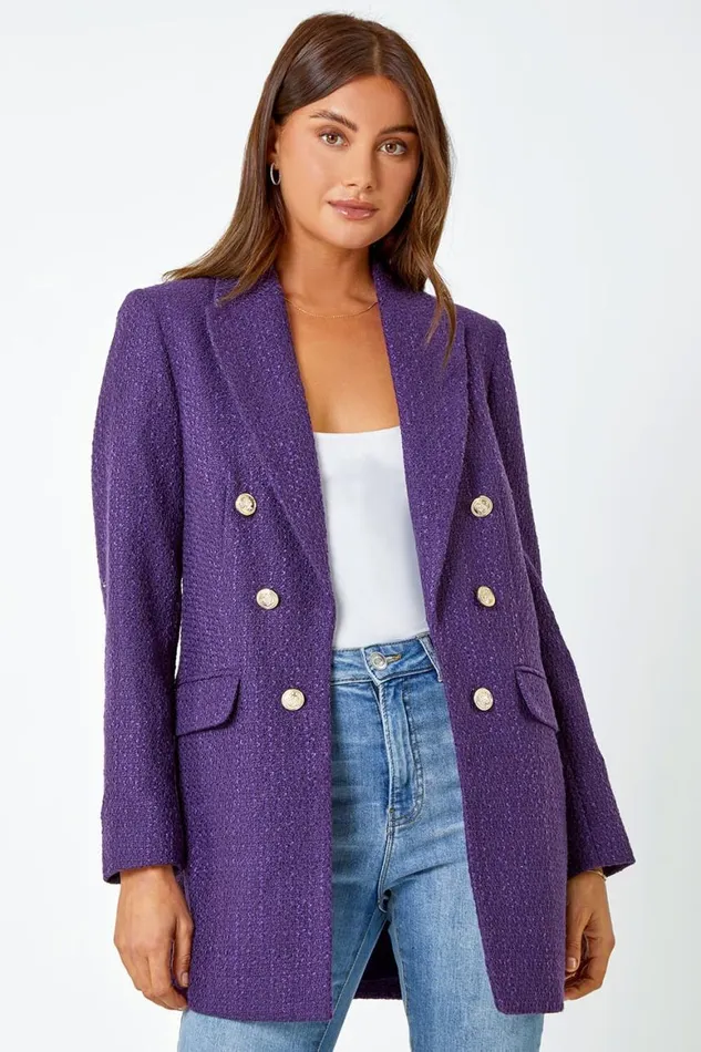 Women Purple Tailored Longline Boucle Jacket Roman Jackets