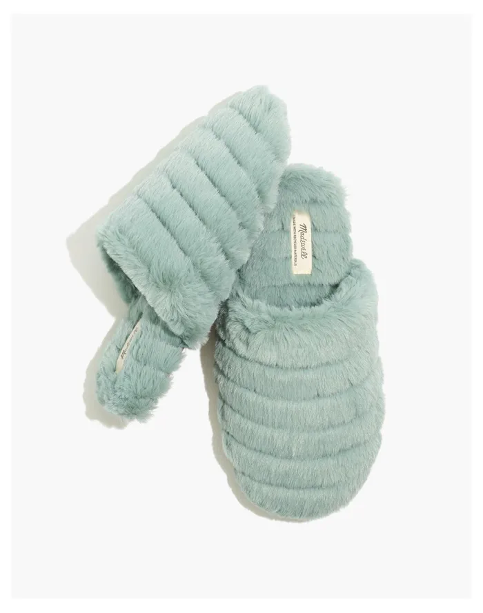 Women Quilted Scuff Slippers In Recycled Faux Fur Sage Mist Madewell Slippers