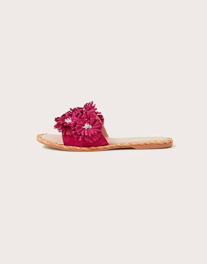 Women Raffia Floral Suede Sliders Pink Monsoon Sandals
