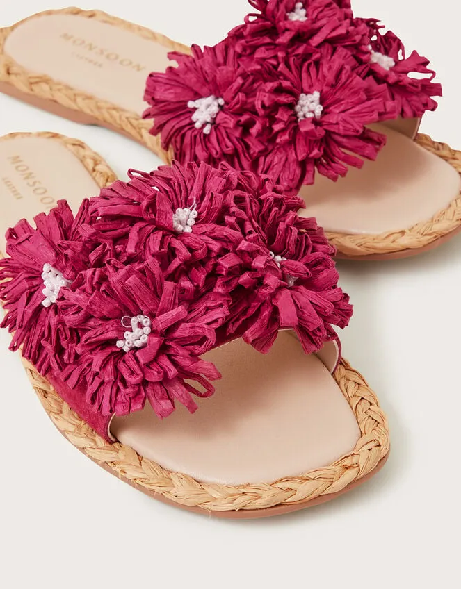 Women Raffia Floral Suede Sliders Pink Monsoon Sandals