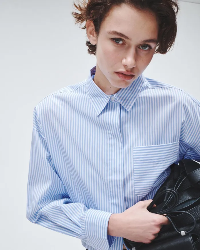 Women Rag and Bone Tops Beatrice Cotton Poplin Shirt Light Blue Stripe