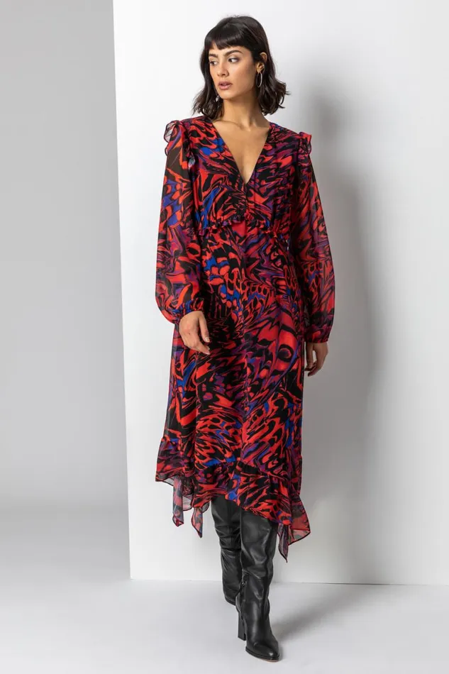 Women Red Abstract Butterfly Chiffon Midi Dress Roman Dresses