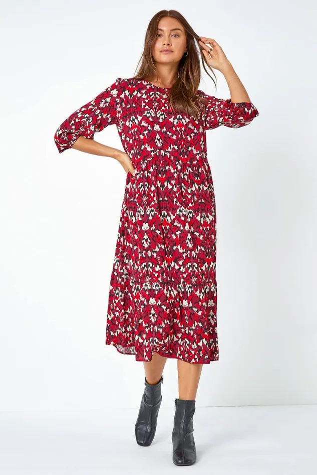 Women Red Abstract Print Tiered Smock Midi Dress Roman Dresses