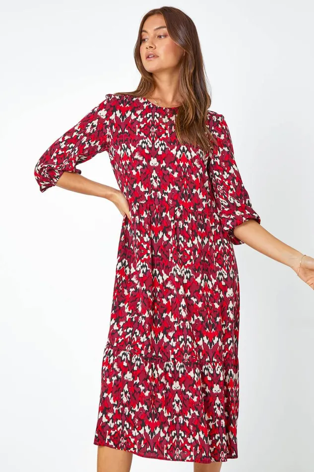 Women Red Abstract Print Tiered Smock Midi Dress Roman Dresses