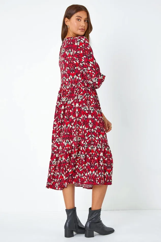 Women Red Abstract Print Tiered Smock Midi Dress Roman Dresses