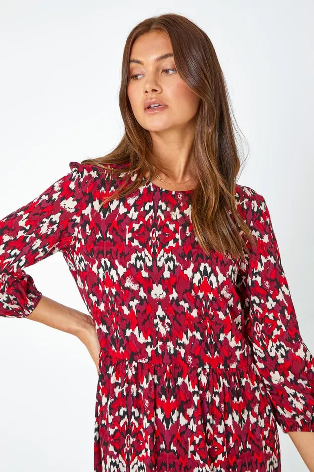 Women Red Abstract Print Tiered Smock Midi Dress Roman Dresses