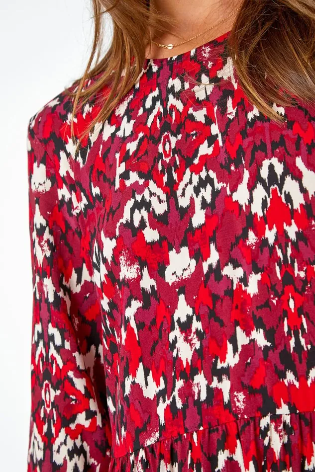Women Red Abstract Print Tiered Smock Midi Dress Roman Dresses