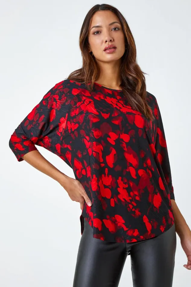 Women Red Abstract Raglan Sleeve Stretch Top Roman Tops