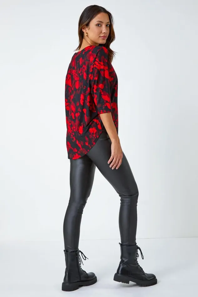 Women Red Abstract Raglan Sleeve Stretch Top Roman Tops