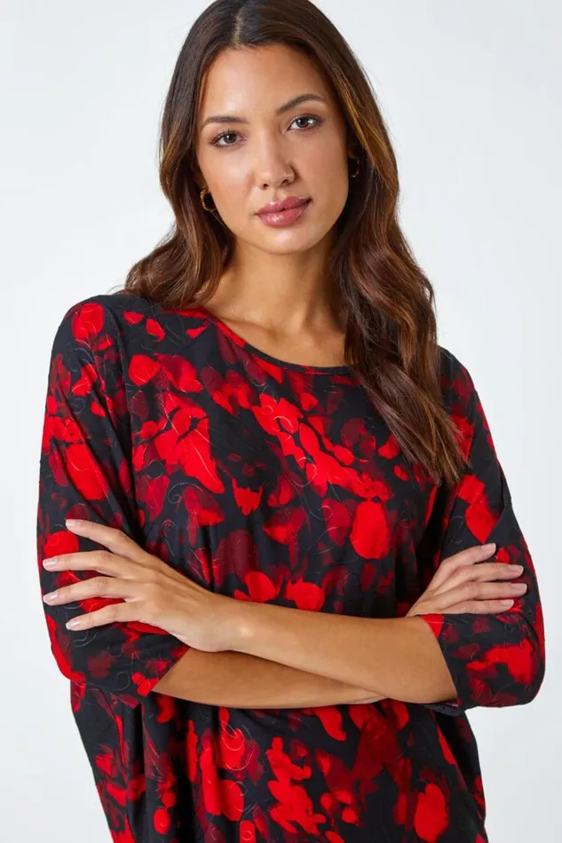 Women Red Abstract Raglan Sleeve Stretch Top Roman Tops