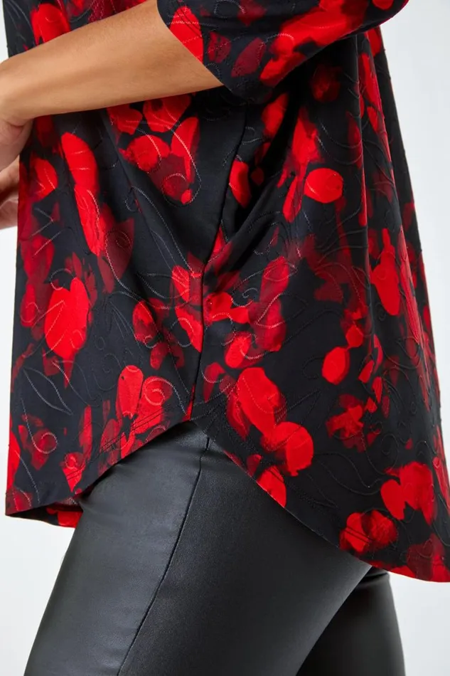 Women Red Abstract Raglan Sleeve Stretch Top Roman Tops