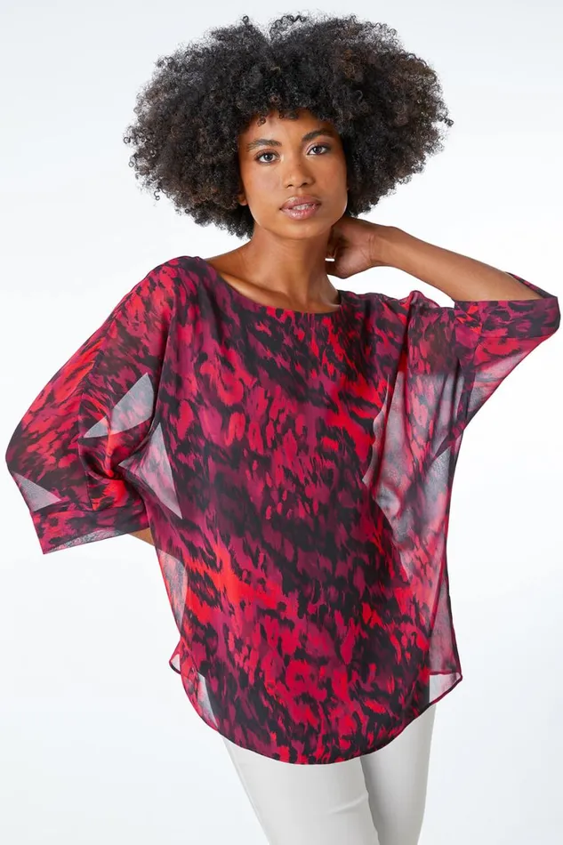 Women Red Animal Print Chiffon Overlay Top Roman Tops