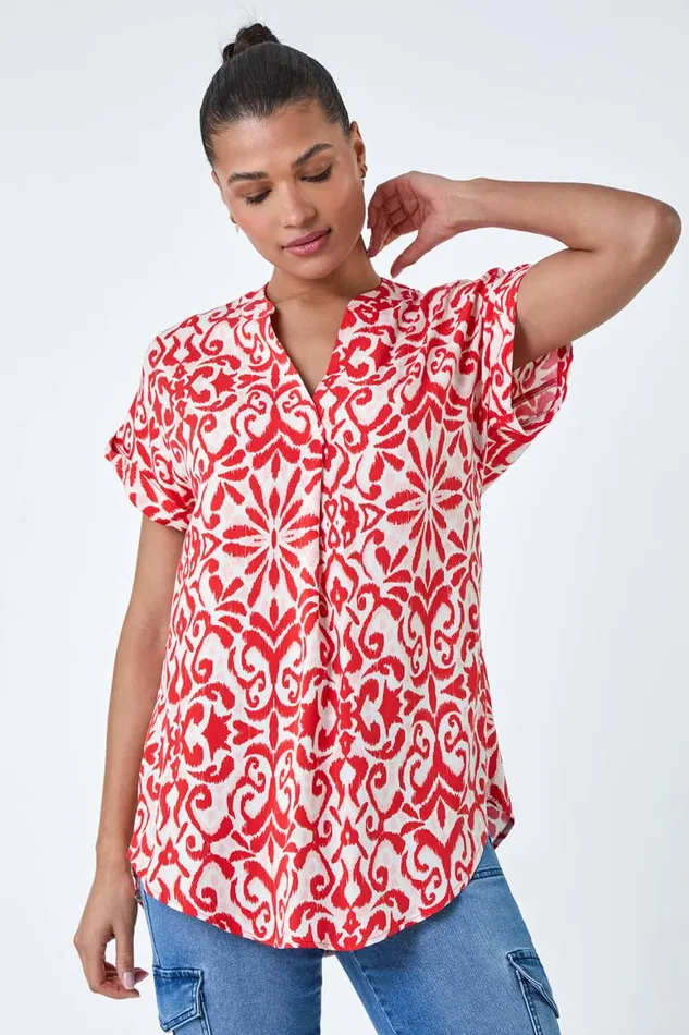 Women Red Aztec Print VNeck Pleat Detail Top Roman Tops