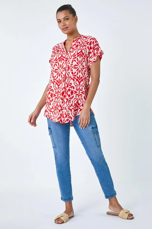 Women Red Aztec Print VNeck Pleat Detail Top Roman Tops