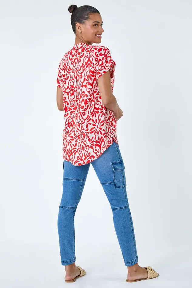 Women Red Aztec Print VNeck Pleat Detail Top Roman Tops