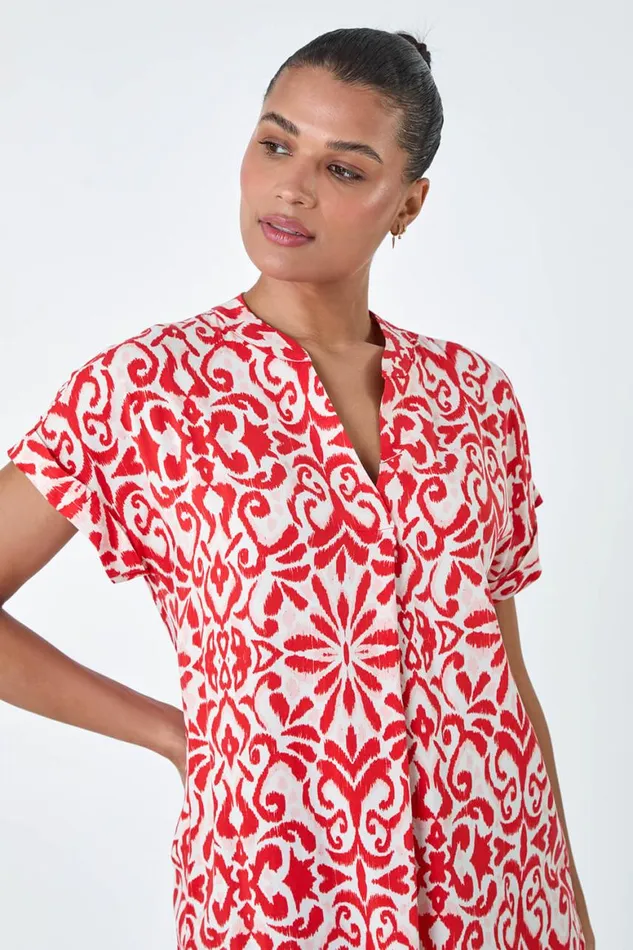 Women Red Aztec Print VNeck Pleat Detail Top Roman Tops