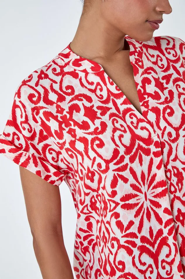 Women Red Aztec Print VNeck Pleat Detail Top Roman Tops
