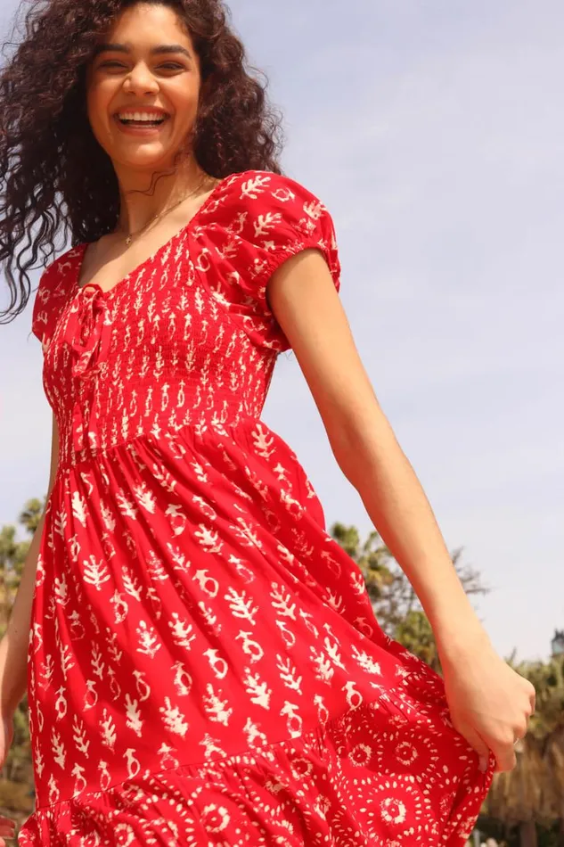 Women Red Boho Print Tiered Maxi Dress Roman Dresses