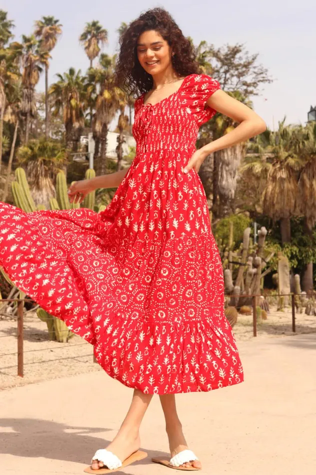 Women Red Boho Print Tiered Maxi Dress Roman Dresses