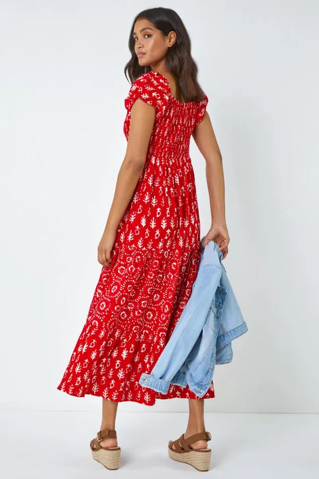 Women Red Boho Print Tiered Maxi Dress Roman Dresses