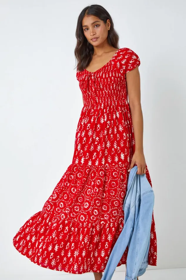 Women Red Boho Print Tiered Maxi Dress Roman Dresses