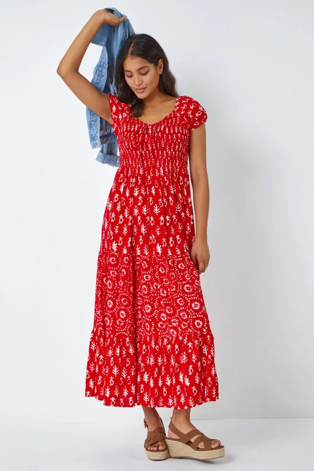 Women Red Boho Print Tiered Maxi Dress Roman Dresses