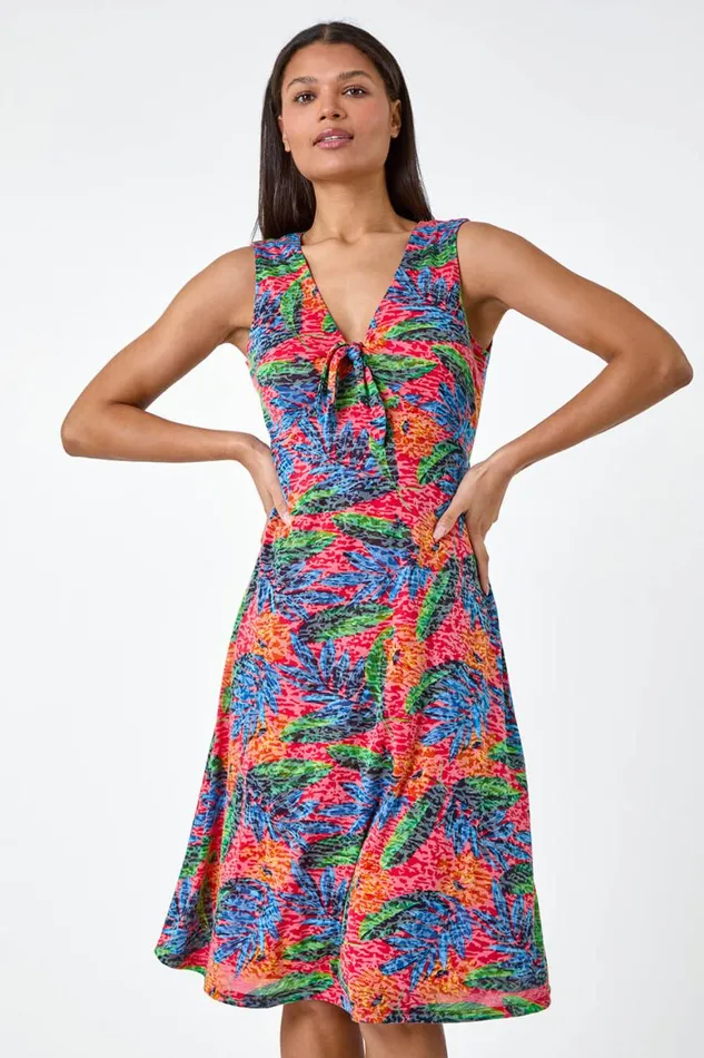 Women Red Burnout Tropical Print Stretch Dress Roman Dresses
