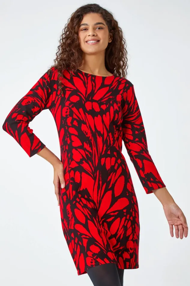 Women Red Butterfly Print Knitted Stretch Dress Roman Dresses