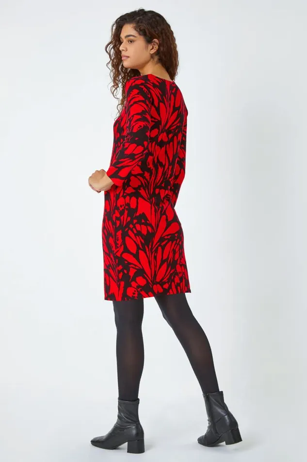 Women Red Butterfly Print Knitted Stretch Dress Roman Dresses