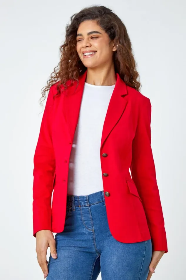 Women Red Button Detail Stretch Blazer Roman Jackets