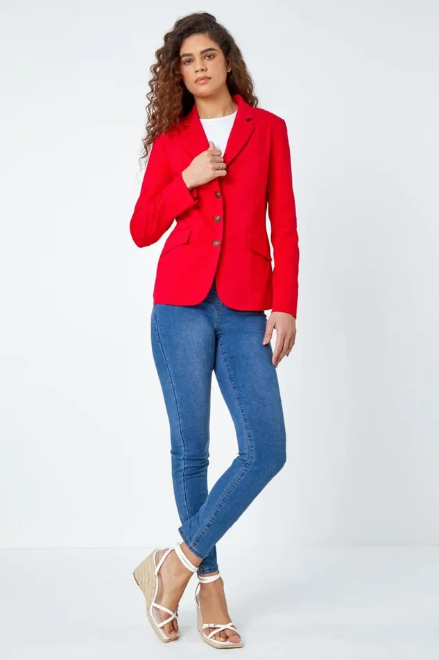 Women Red Button Detail Stretch Blazer Roman Jackets